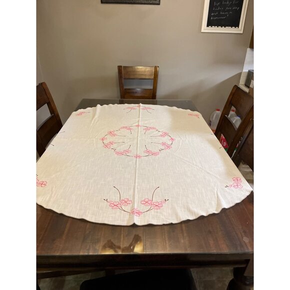 Vintage Handmade Round Tablecloth Used Cream with Pink and Brown - Picture 2 of 16
